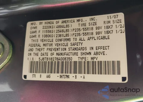 2008 Acura Rdx z USA, uszkodzony, nr VIN 5J8TB18278A008350